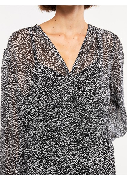 Yeni Sezon V Yaka Desenli Uzun Kollu Şifon Elbise fiyatları