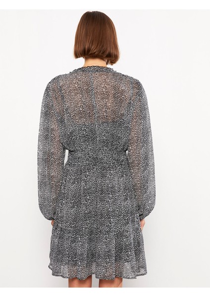 Yeni Sezon V Yaka Desenli Uzun Kollu Şifon Elbise modelleri