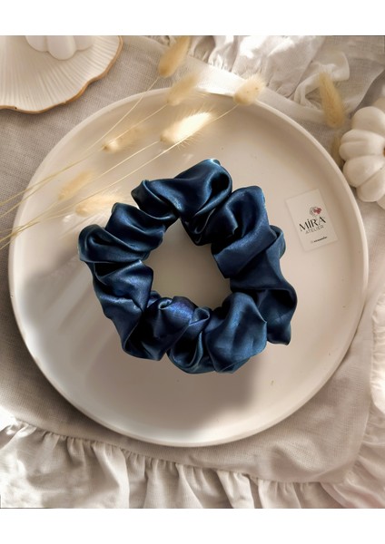 Kadın Saten Toka - Derin Mavi – Tekli Lüks Lastik Model Scrunchie