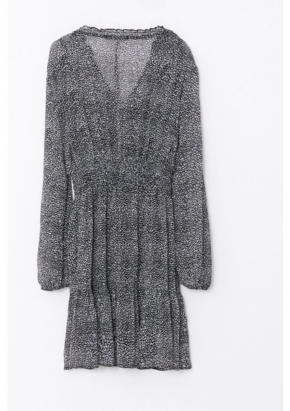 Yeni Sezon V Yaka Desenli Uzun Kollu Şifon Elbise indirimleri