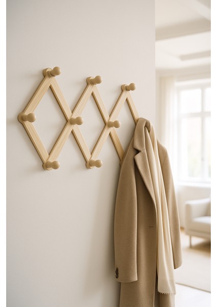 Ahşap Akordeon Duvar Askısı - Dekoratif, Çok Amaçlı, 10 Kancalı Akıllı Askılık 722371