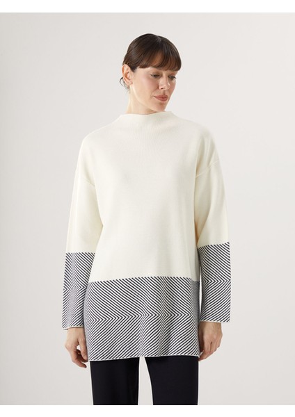 Yeni Sezon Dik Yaka Desenli Uzun Kollu Kadın Triko Tunik