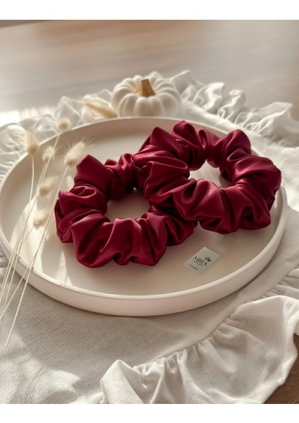 2'li Lüks Kadın Saten Toka - Kraliçe Bordosu - Lastik Model Scrunchie - Anne Kız Kombini