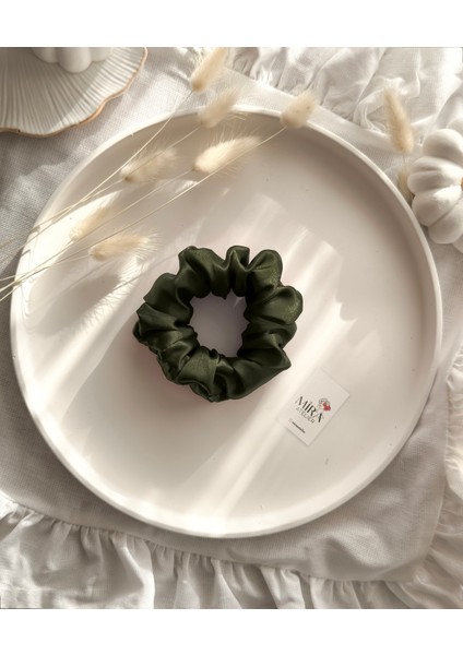 Çocuk Saten Toka - Haki Esintisi – Tekli Lüks Lastik Model Scrunchie