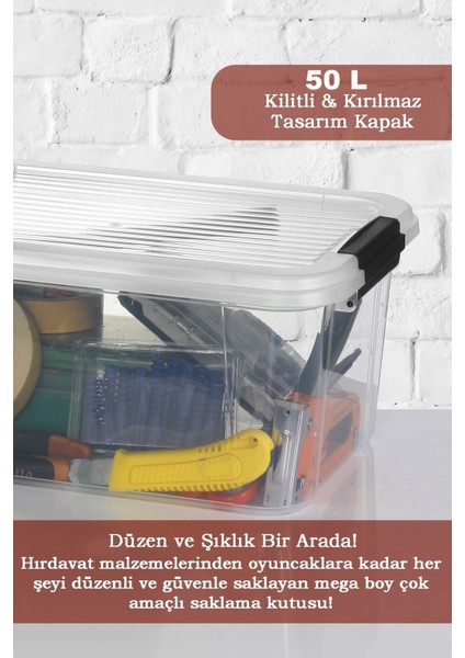 50 Lt Tekerlekli Saklama Kabı - Kilitli Kapaklı Çok Amaçlı Düzenleyici Kiler Depolama Saklama Kutusu fiyatları