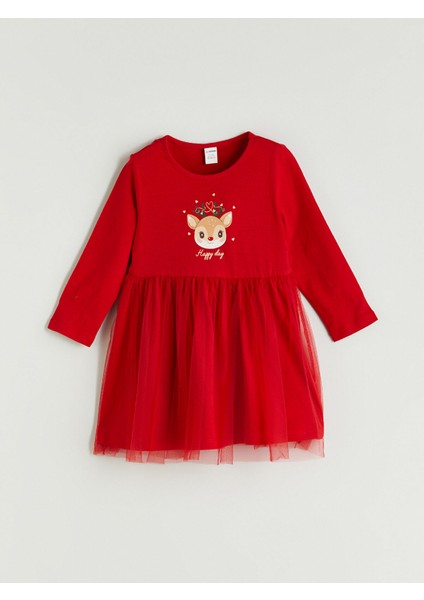 Yeni Sezon Bisiklet Yaka Yılbaşı Temalı Kız Çocuk Elbise