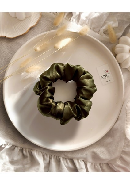 Kadın Saten Toka - Haki Esintisi – Tekli Lüks Lastik Model Scrunchie