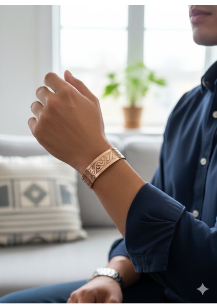 El Işçiliği Kabartma Desenli Saf Bakır Bileklik ; Enerji Dengeleyici Geleneksel Şifa Niyetine ; Kadın ve Erkek Için Uygun , Esnek Yapısı ile Ayarlanabilir Bileklik Genişlik 15 Mm. (BKR3023)