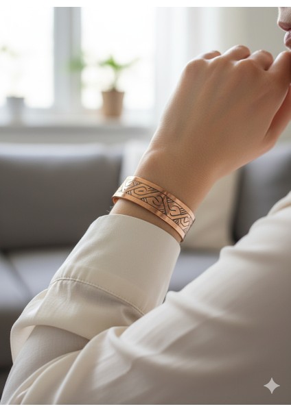 El Işçiliği Kabartma Desenli Saf Bakır Bileklik ; Enerji Dengeleyici Geleneksel Şifa Niyetine ; Kadın ve Erkek Için Uygun , Esnek Yapısı ile Ayarlanabilir Bileklik Genişlik 15 Mm. (BKR3023) fiyatları