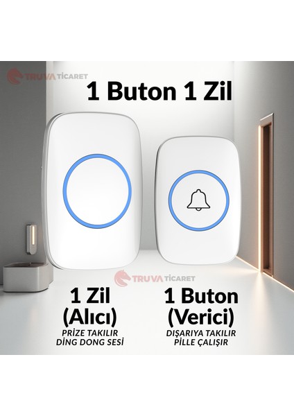 Kablosuz Kapı Zili Logosuz Tasarım Uzaktan Kumandalı Led Işıklı - 1 Buton 1 Zil (Beyaz) fiyatları