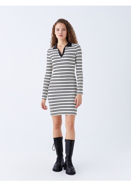 Yeni Sezon Polo Yaka Çizgili Uzun Kollu Elbise