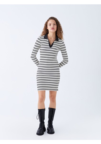 Yeni Sezon Polo Yaka Çizgili Uzun Kollu Elbise fiyatları