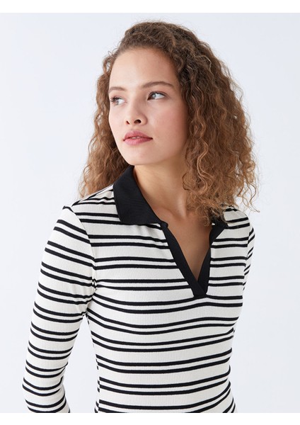 Yeni Sezon Polo Yaka Çizgili Uzun Kollu Elbise modelleri