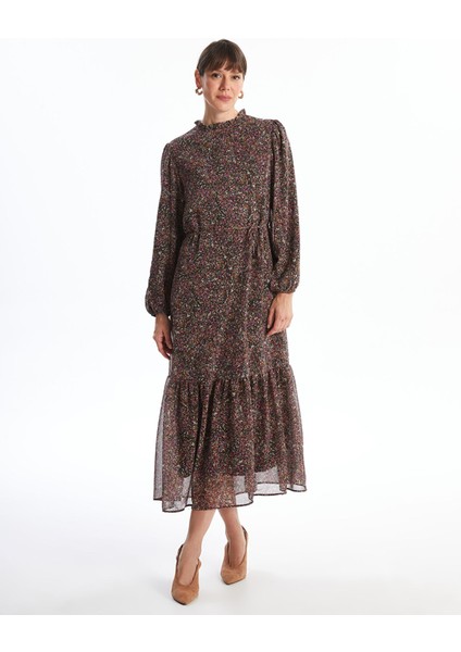 Yeni Sezon Dik Yaka Desenli Uzun Kollu Elbise