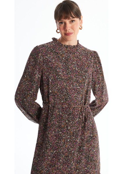 Yeni Sezon Dik Yaka Desenli Uzun Kollu Elbise fiyatları