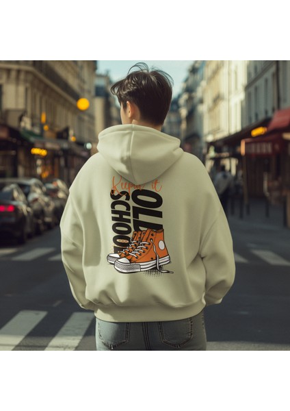 Unisex Sweatshirt Keep It Old School Sloganlı ve Retro Ayakkabı Grafikli Pamuklu Hoodie Sweatshirt