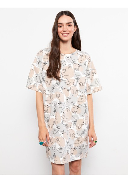 Yeni Sezon Bisiklet Yaka Desenli Kısa Kollu Elbise