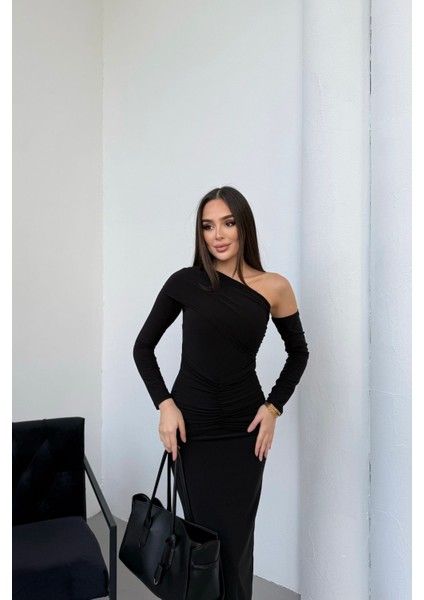 Kadın Drapeli Uzun Kollu Tek Omuz Detaylı Elbise fiyatları