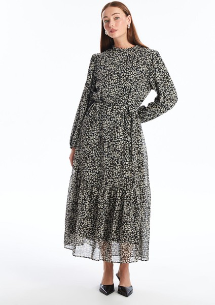 Yeni Sezon Dik Yaka Desenli Uzun Kollu Elbise