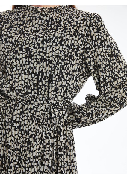 Yeni Sezon Dik Yaka Desenli Uzun Kollu Elbise modelleri