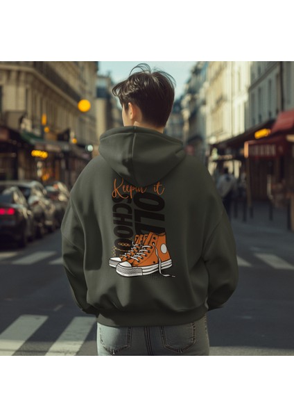 Unisex Sweatshirt Keep It Old School Sloganlı ve Retro Ayakkabı Grafikli Pamuklu Hoodie Sweatshirt