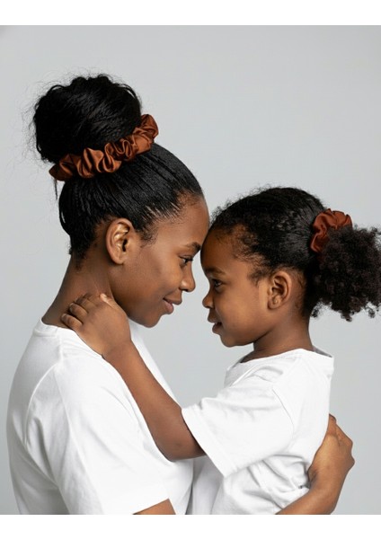 2'li Lüks Kadın Saten Toka - Kahve Rüyası - Lastik Model Scrunchie - Anne Kız Kombini