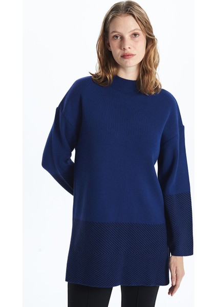 Yeni Sezon Dik Yaka Desenli Uzun Kollu Kadın Triko Tunik