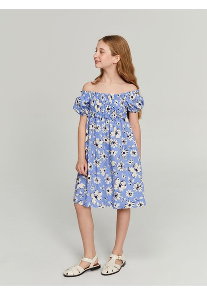Yeni Sezon Kare Yaka Çiçekli Kız Çocuk Elbise