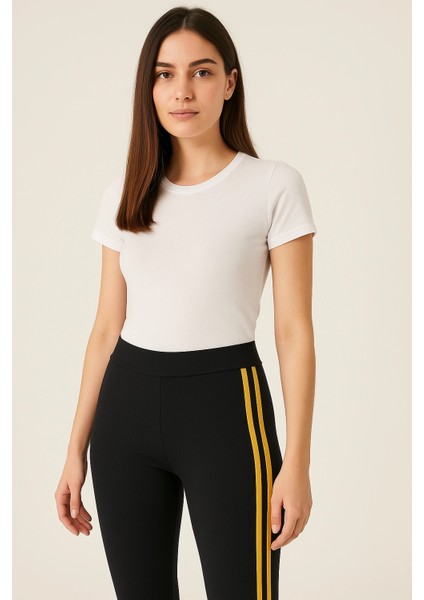 Yanı Sarı Şeritli Her Gardıropta Olması Gereken Tayt - Lacivert -Vlmr fiyatları