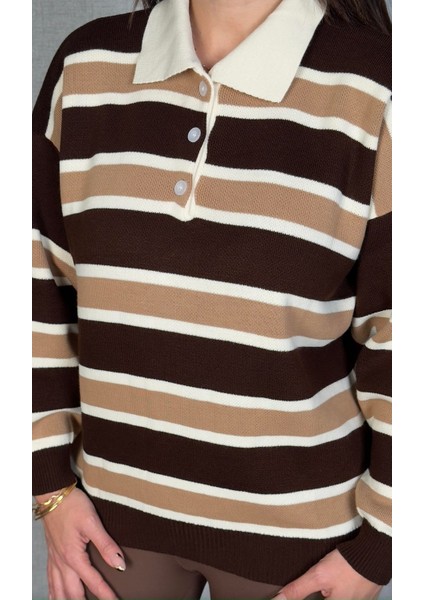 Polo Yaka Şeritli Triko Kazak