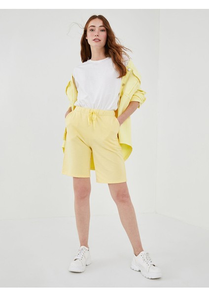 Yeni Sezon Beli Lastikli Düz Cep Detaylı Pamuklu Kadın Bermuda Şort