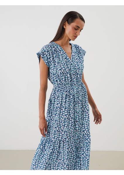 Yeni Sezon V Yaka Çiçekli Belden Oturtmalı Elbise