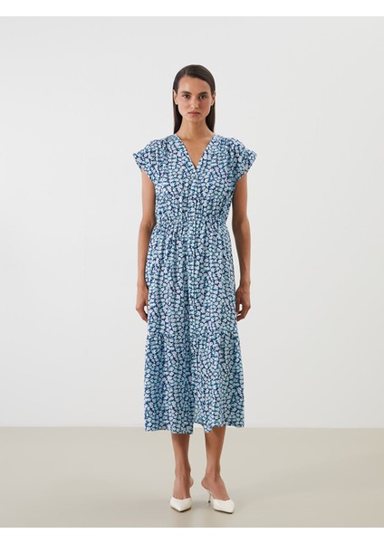 Yeni Sezon V Yaka Çiçekli Belden Oturtmalı Elbise fiyatları