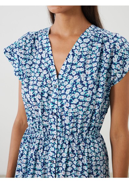 Yeni Sezon V Yaka Çiçekli Belden Oturtmalı Elbise modelleri