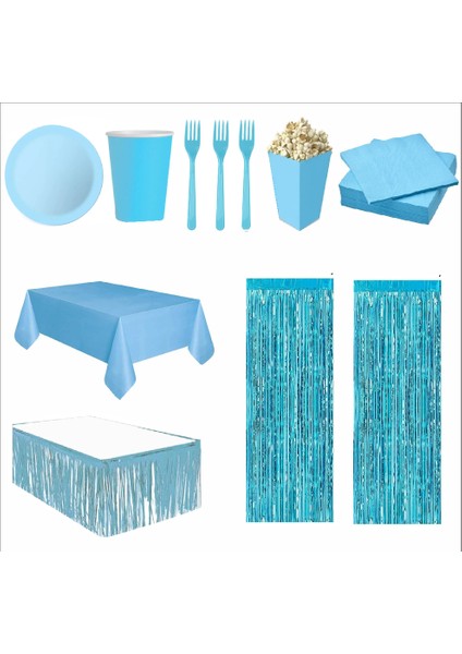 Mavi Masa Örtüsü, Mavi Masa Eteği, 2 Mavi Arka Fon, 8 Mavi Tabak, 8 Mavi Bardak, 8 Mavi Mısır Kutusu, 10 Çatal, 10 Peçete