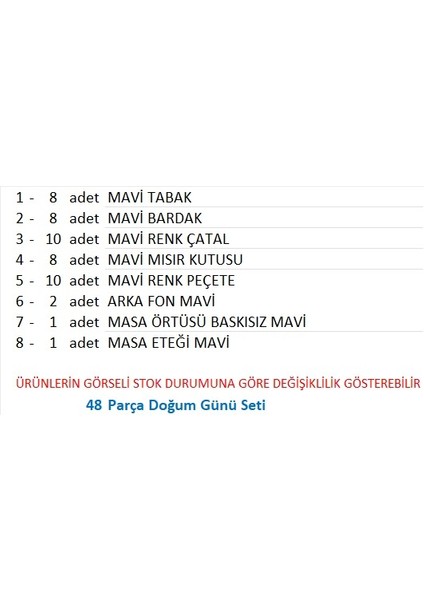 Mavi Masa Örtüsü, Mavi Masa Eteği, 2 Mavi Arka Fon, 8 Mavi Tabak, 8 Mavi Bardak, 8 Mavi Mısır Kutusu, 10 Çatal, 10 Peçete fiyatları
