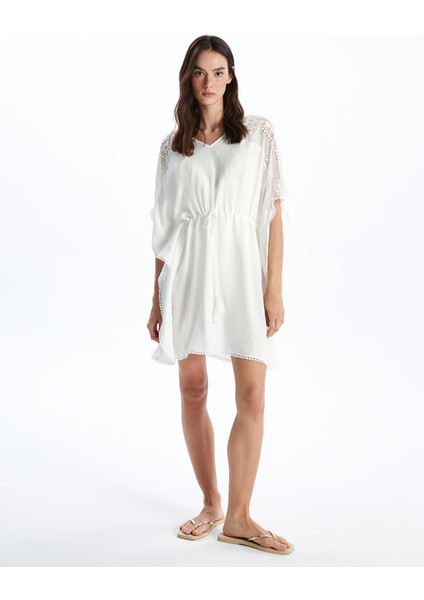 Yeni Sezon V Yaka Nakışlı Kadın Plaj Elbisesi