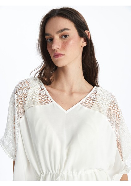 Yeni Sezon V Yaka Nakışlı Kadın Plaj Elbisesi modelleri