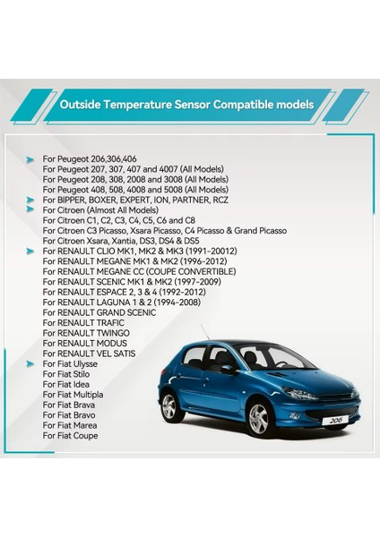 Renault Clio Megane Scenic Escape 2,3,4 Laguna 1,2 Trafic Twingo Modus Vel Satis Dış Isı Sensörü Sıcaklık Hava Sensörü modelleri