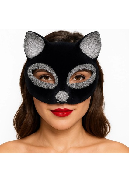 Siyah Renk Gümüş Simli Süet Kaplama Kedi Maskesi 18X14 cm