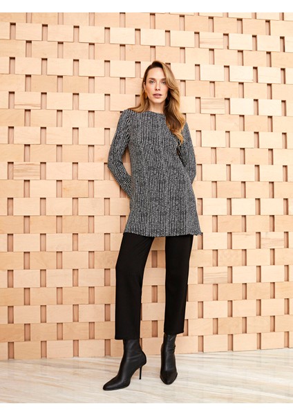Yeni Sezon Bisiklet Yaka Desenli Uzun Kollu Kadın Tunik