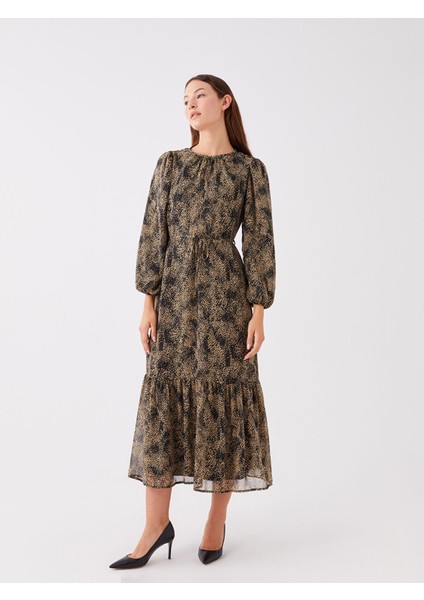 Yeni Sezon Bisiklet Yaka Desenli Uzun Kollu Elbise