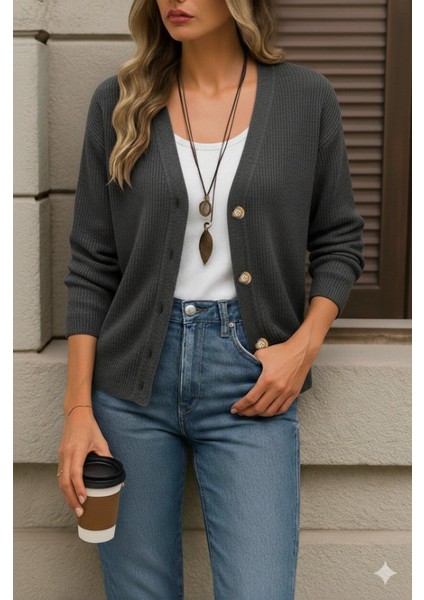 Kadın Uzun Kollu Düğme Detay Triko Bluz