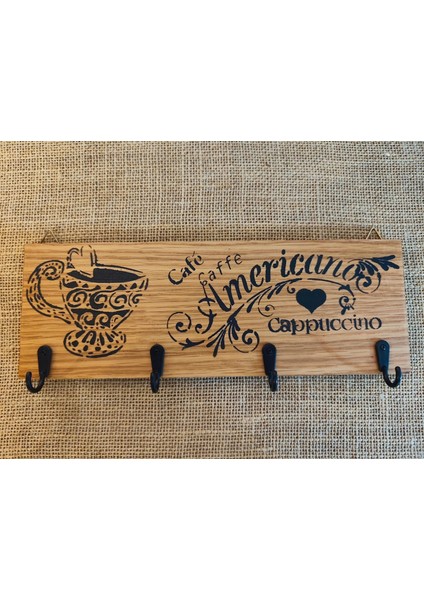 Elaca Kahve Köşesi Dekor Askılığı / Mutfak ve Kafe Duvar Askılığı , Hediyelik , Fincan Desenli, Kahve Yazılı Ahşap 4 Kancalı Dekoratif Askılık