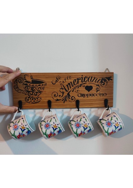Elaca Kahve Köşesi Dekor Askılığı / Mutfak ve Kafe Duvar Askılığı , Hediyelik , Fincan Desenli, Kahve Yazılı Ahşap 4 Kancalı Dekoratif Askılık modelleri