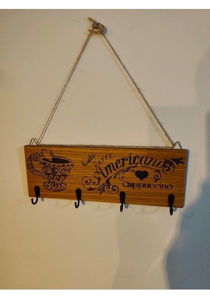 Elaca Kahve Köşesi Dekor Askılığı / Mutfak ve Kafe Duvar Askılığı , Hediyelik , Fincan Desenli, Kahve Yazılı Ahşap 4 Kancalı Dekoratif Askılık fırsatları