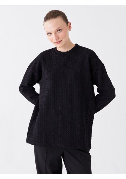 Yeni Sezon Bisiklet Yaka Kendinden Desenli Uzun Kollu Kadın Tunik