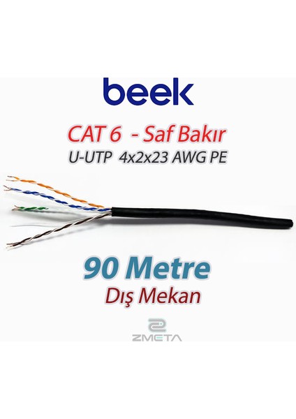 Cat6 90 Metre U-Utp Saf Bakır Dış Mekan Ağ İnternet Kablosu 4X2X23 Awg Pe Siyah Renk