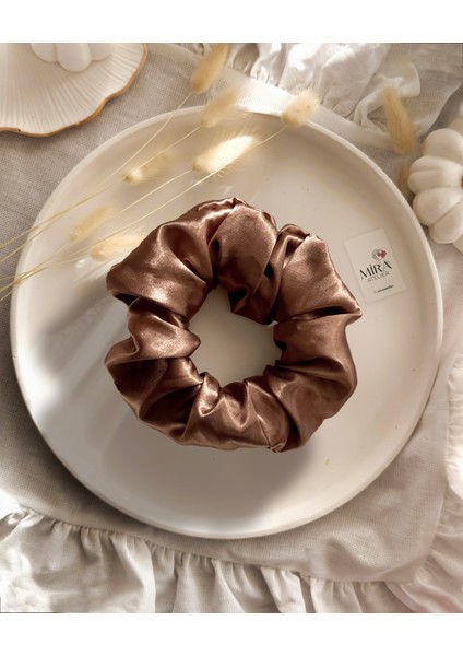 Kadın Saten Toka - Kahve Rüyası – Tekli Lüks Lastik Model Scrunchie