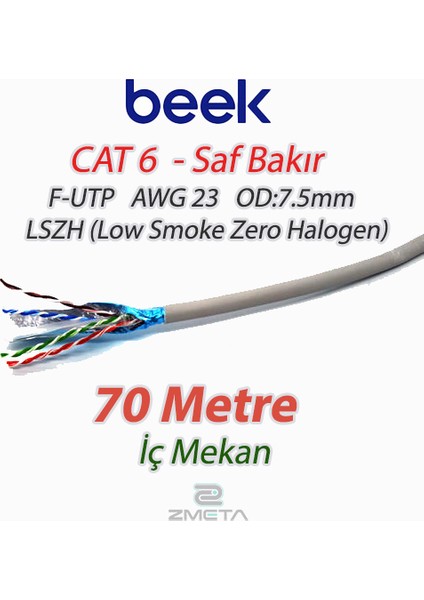 Cat6 70 Metre Saf Bakır F-Utp Iç Mekan Data Kablosu Awg 23 1/0.4tc Od:7.5mm Lszh Gri Renk